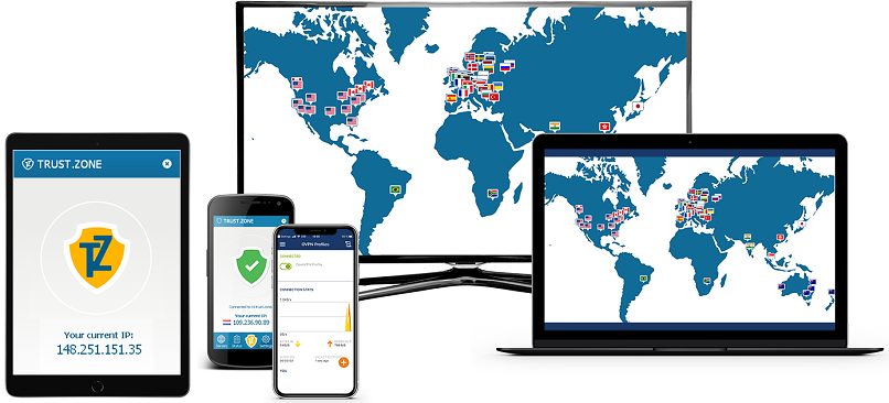 Small assortment of technological devices compatible with Trust.Zone VPN.