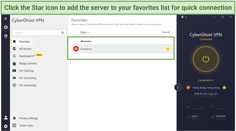 A screenshot of CyberGhost's app showing the Hong Kong server in the favorites list
