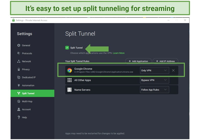 A screenshot showing PIA's split tunneling feature