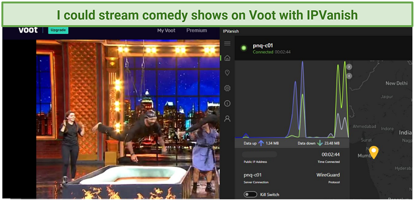 A screenshot of a comedy show on Voot, with IPVanish connected to an Indian server