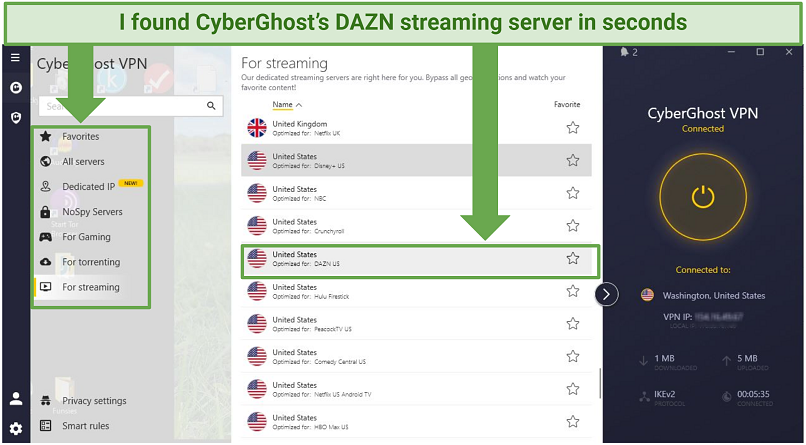 Screenshot of CyberGhost's layout showing streaming server selection