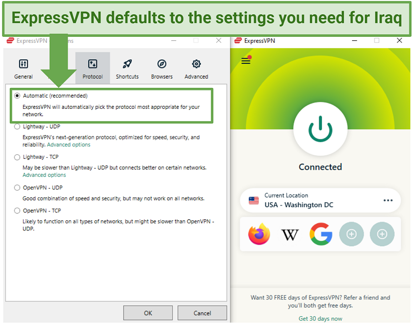 Screenshot of ExpressVPN's Protocol settings menu while the VPN is connected to a server in Washington DC, US