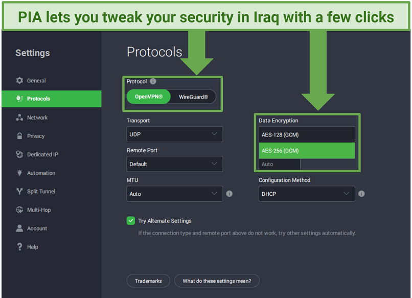 Screenshot of PIA's Protocol Settings screen showing a dropdown menu for 128-bit and 256-bit encryption options
