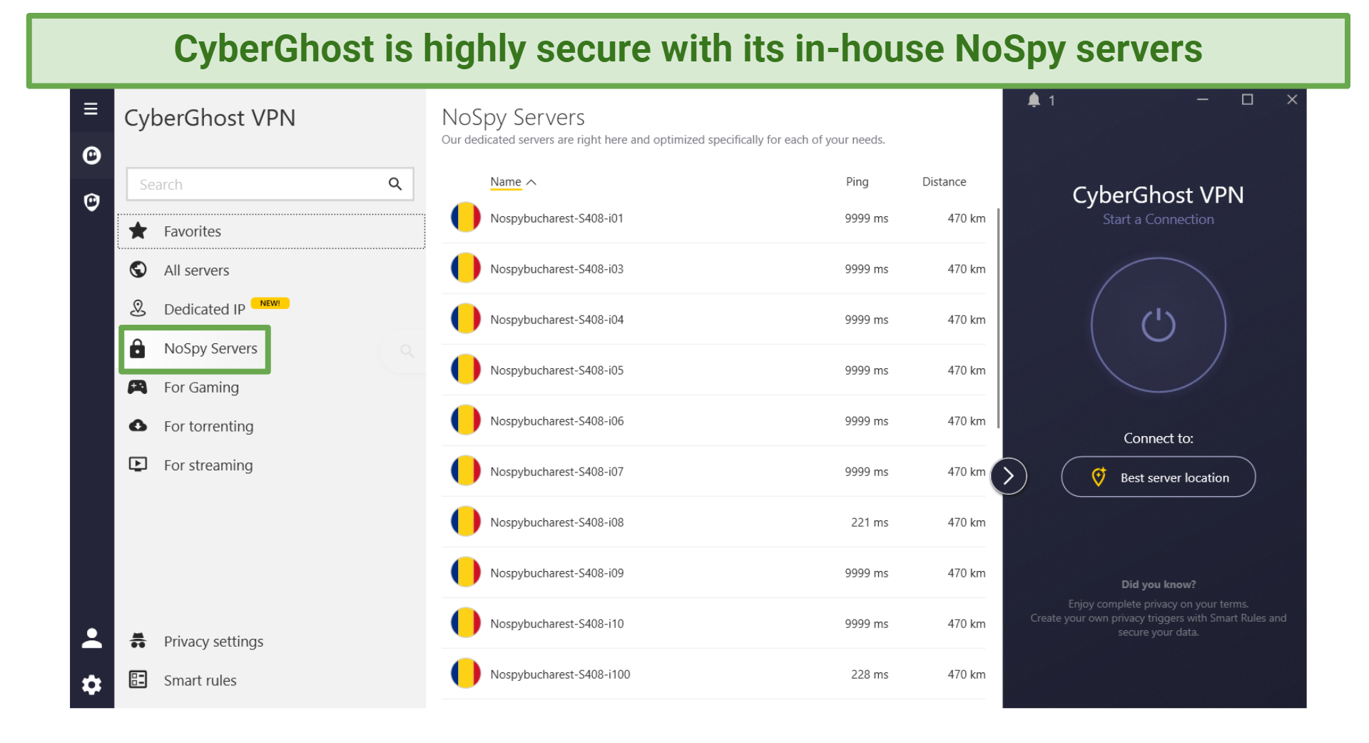 Screenshot of CyberGhost's NoSpy servers