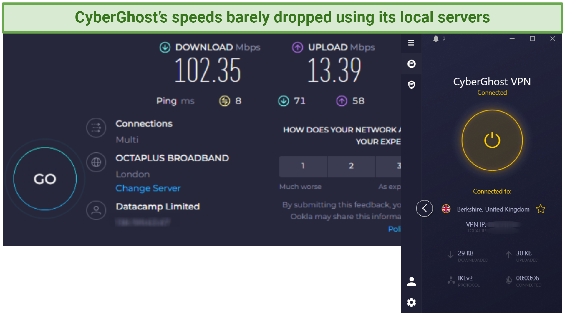 Screenshot showing CyberGhost's download and upload speeds