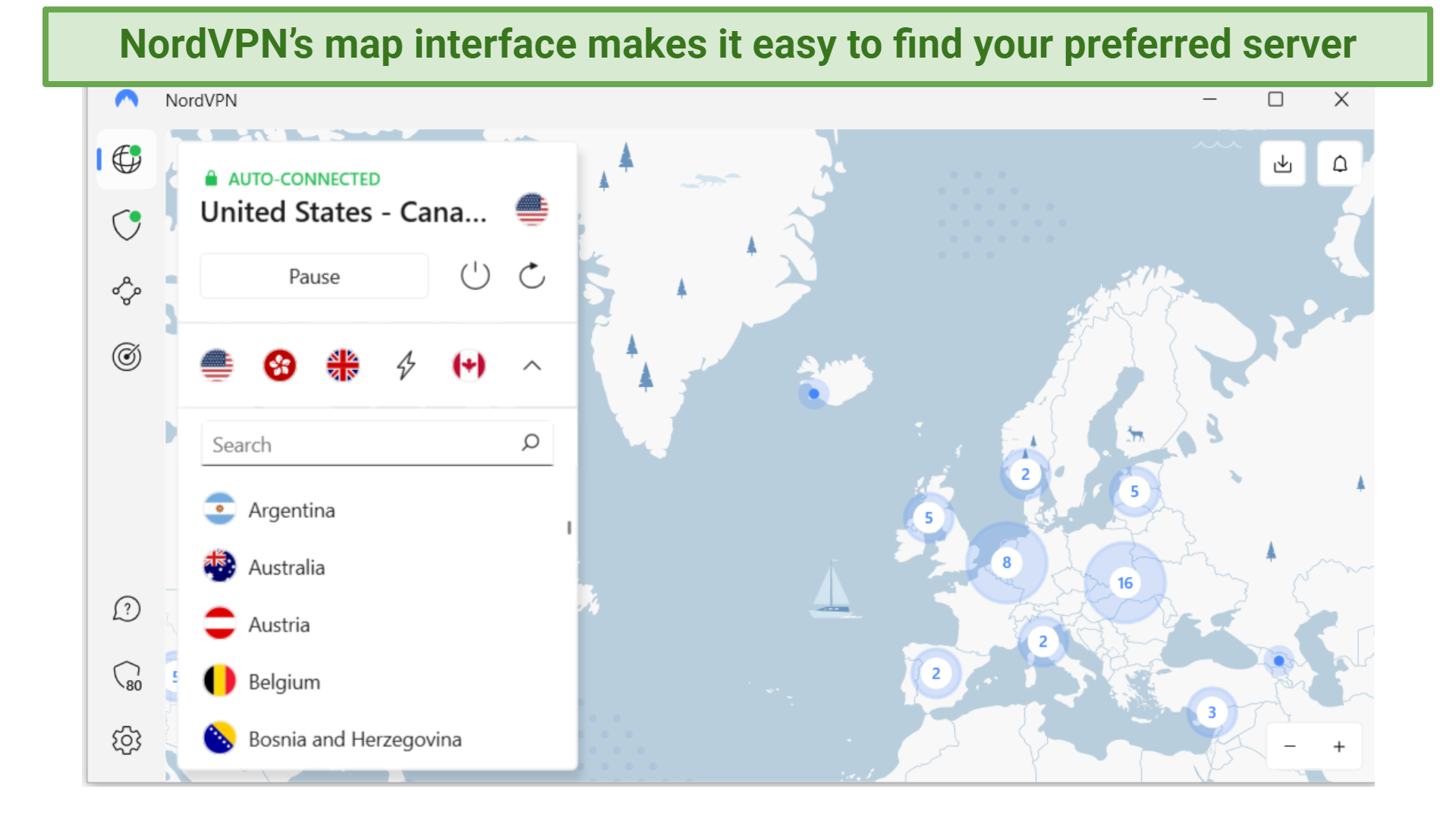 Screenshot of NordVPN's map interface