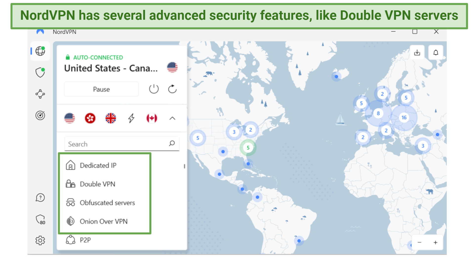 Screenshot showing NordVPN's specialized secure servers