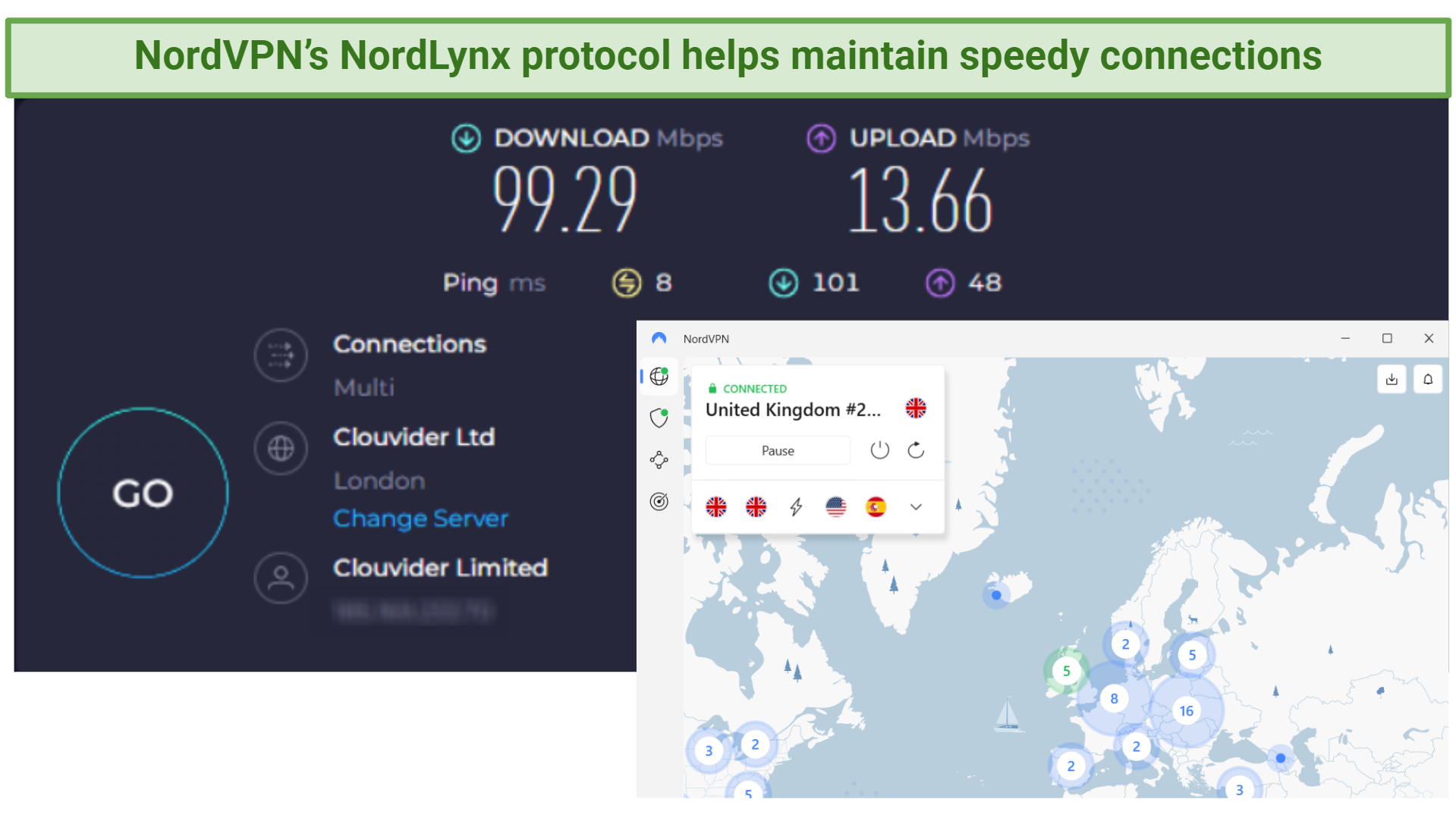 Screenshot showing NordVPN's download and upload speeds