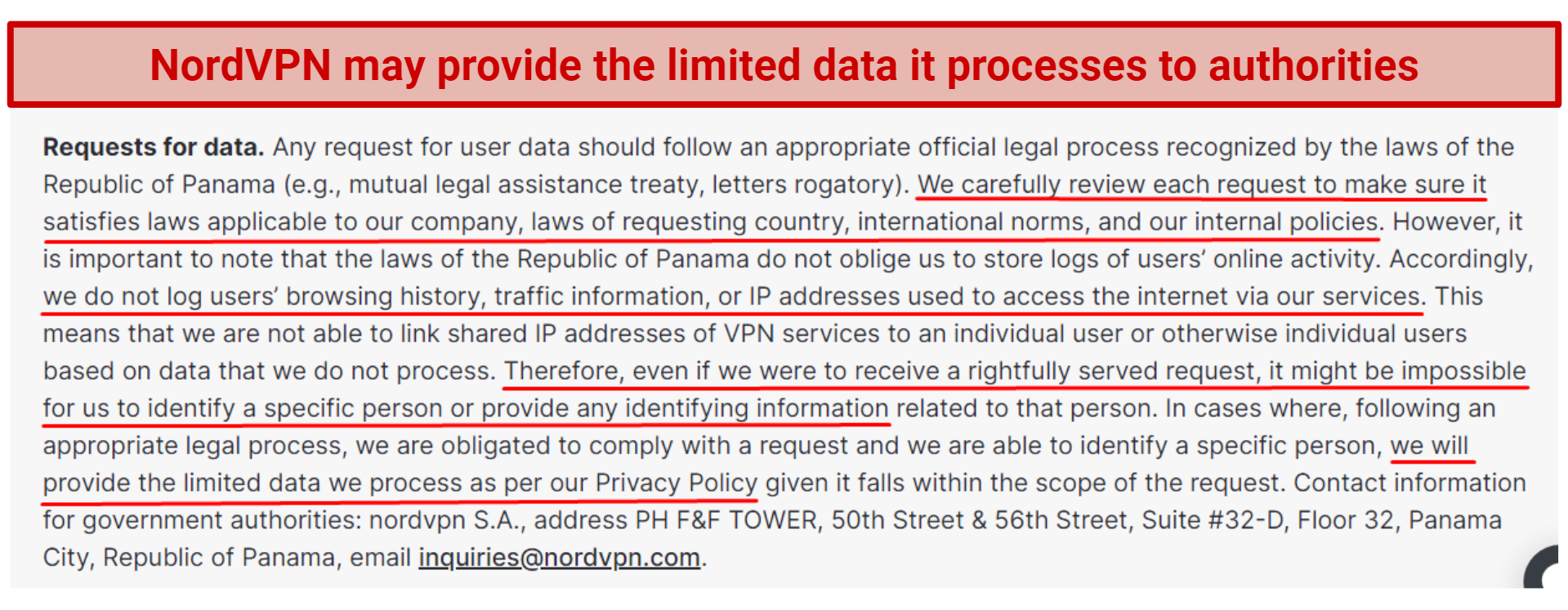 Exerpt from NordVPN's privacy policy stating that it may hand over the minimal data it processes if requested by authorities