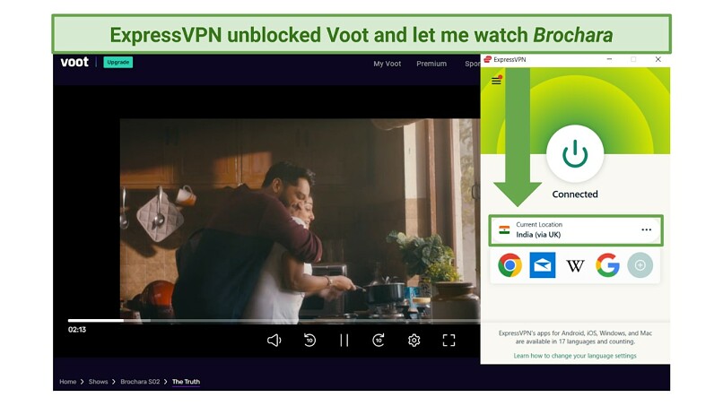 A screenshot of Brochara playing on Voot while connected to ExpressVPN's virtual Indian server (via UK)