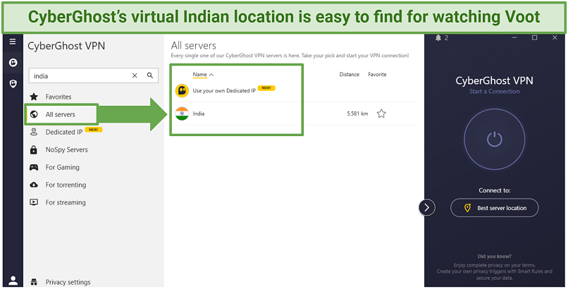 A screenshot of CyberGhost's Windows app showing its virtual Indian server location