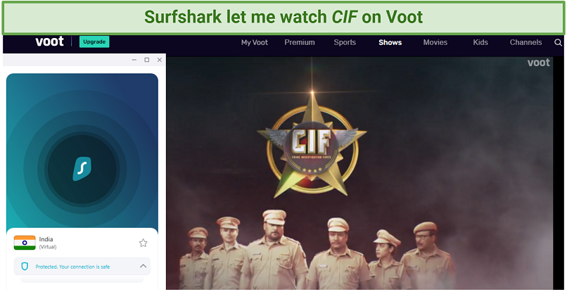 A screenshot of the show CIF on Voot, with Surfshark connected to an Indian server