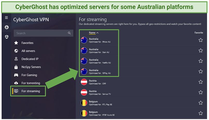 A screenshot of CyberGhost's Australian optimized streaming servers