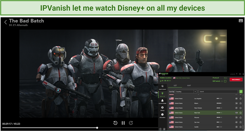 Screenshot showing The Bad Batch streaming on Disney+ after connecting to a US IPVanish server