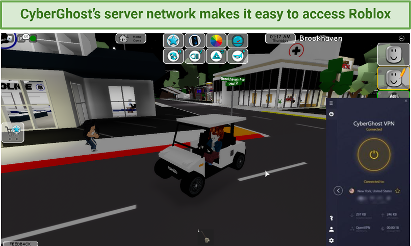 Screenshot showing Roblox unblocked after connecting to a US CyberGhost server