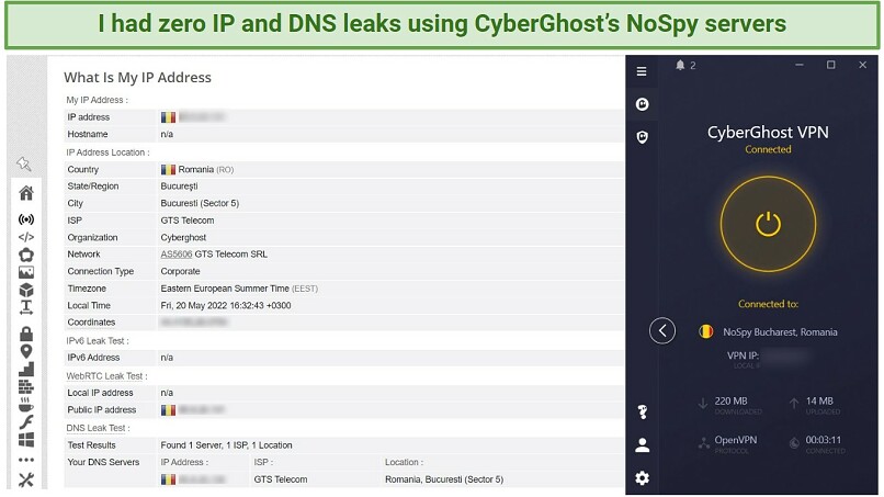 Screenshot of CyberGhost successfully passing an IP and DNS leak test.