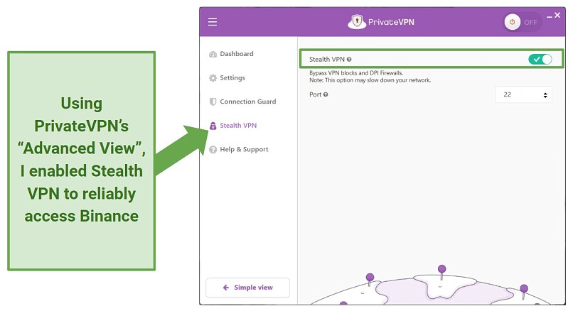 A screenshot of PrivateVPN's Advanced View on its Windows app showing the Stealth VPN feature enabled