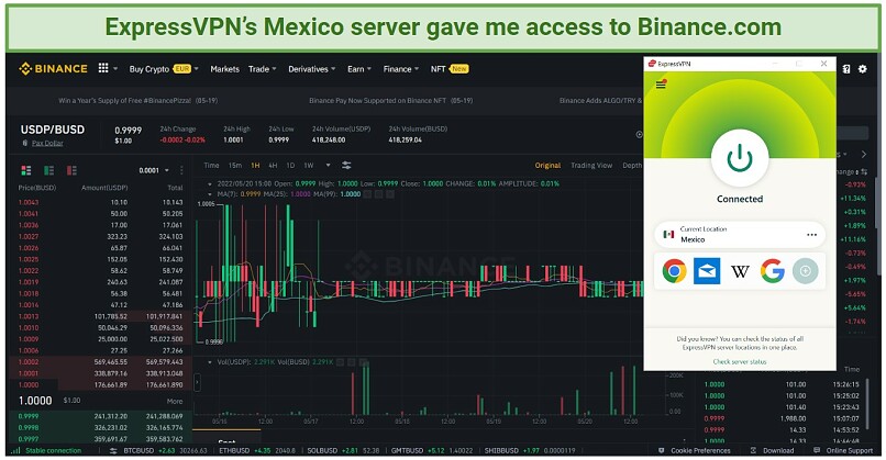 A screenshot of ExpressVPN's VPN's Mexico server successfully unblocking Binance