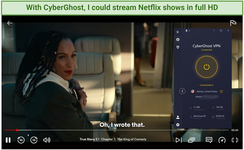 Screenshot of True Story streaming on Netflix with CyberGhost connected
