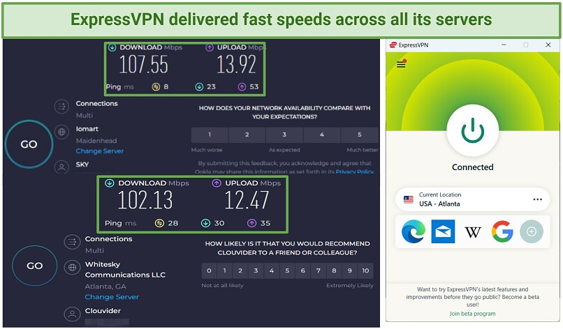 Screenshot of ExpressVPN's speed test results