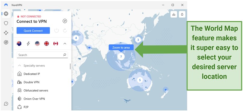 Screenshot of NordVPN's World Map Feature