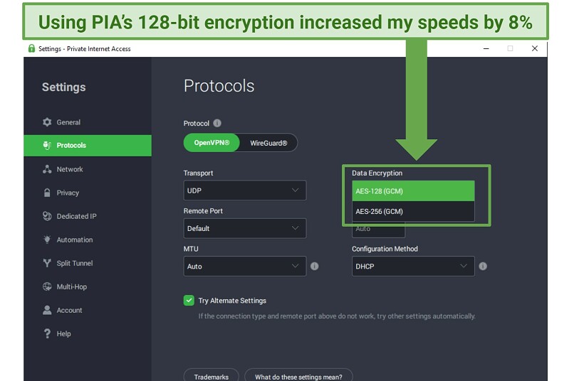 A screenshot of PIA's Protocols options screen, with AES 128-bit encryption selected in a dropdown menu