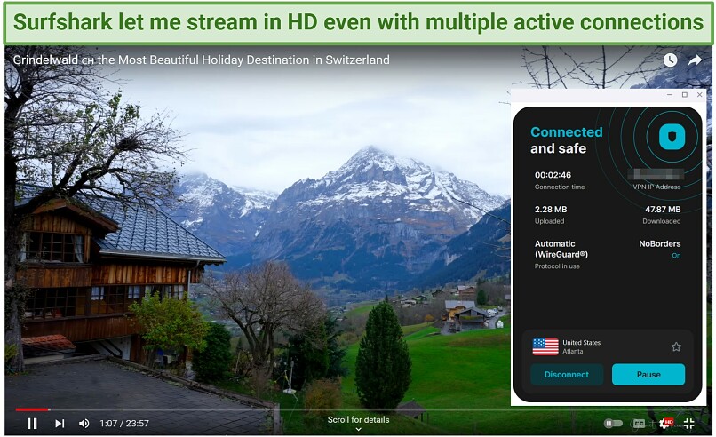Screenshot of a travel video streaming on YouTube with Surfshark connected
