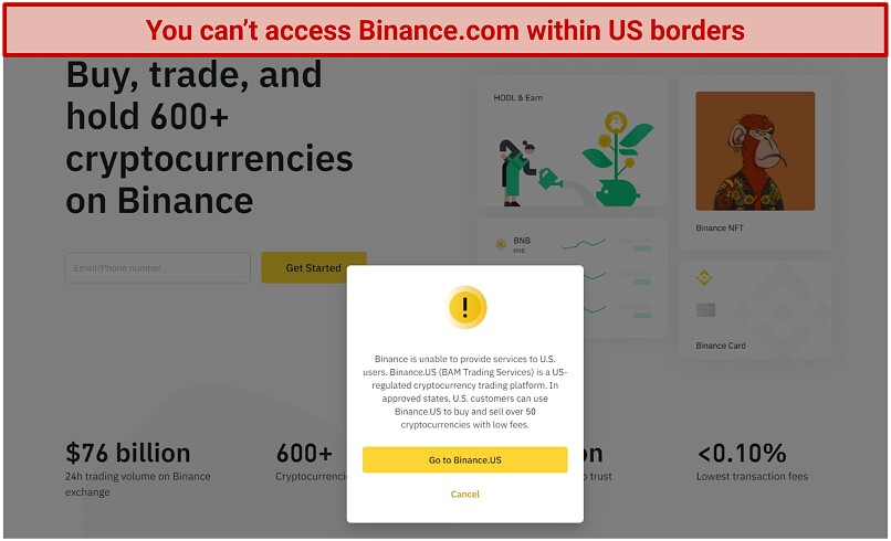 A screenshot of the notification that pops up when you try accessing Binance from the US