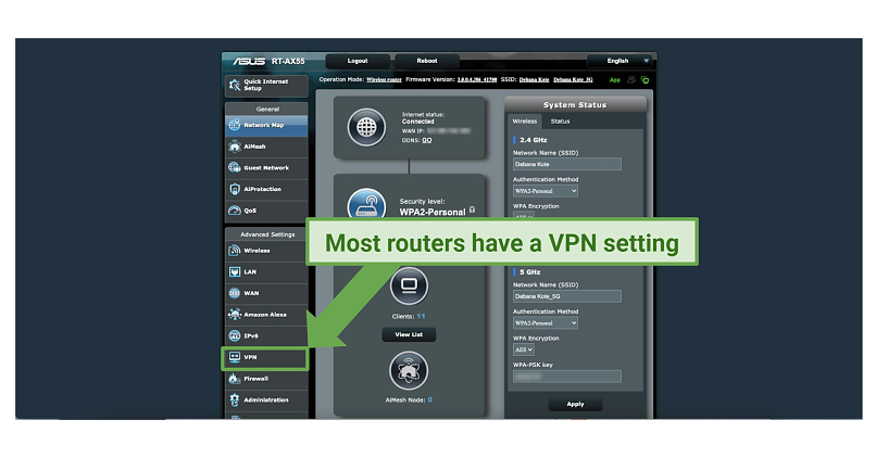 Screenshot of a router's interface highlighting the VPN setting on the Advanced Settings menu