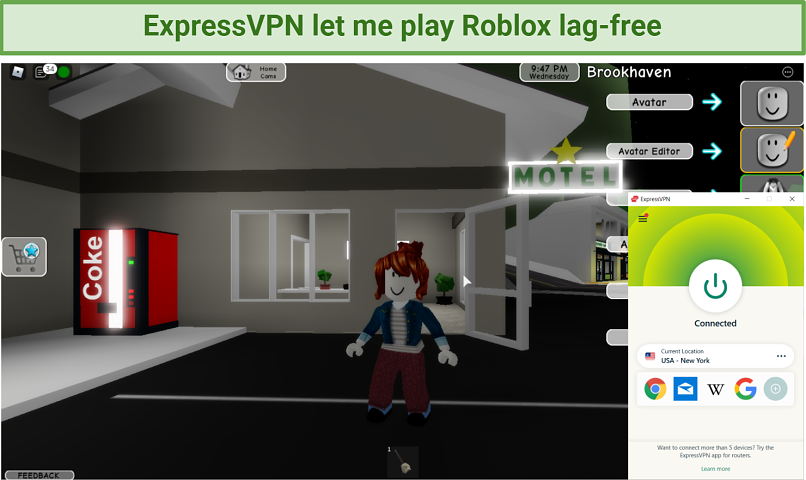 Screenshot showing Roblox unblocked after connecting to a US ExpressVPN server