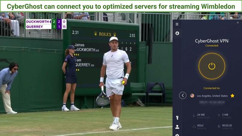 A screenshot of CyberGhost streaming a singles match using a US server