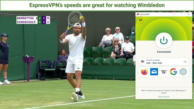 A screenshot of ExpressVPN being used to watch a Gentlemen's match during the Wimbledon