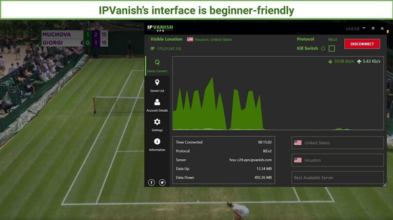 A screengrab of IPVanish connected to a US server to stream a Ladies matching the Wimbledon tournament.