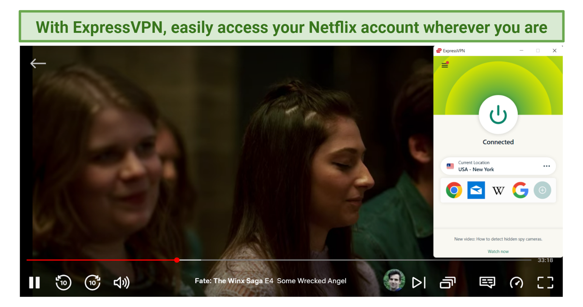 Screenshot of ExpressVPN unblocking Netflix US using a New York server