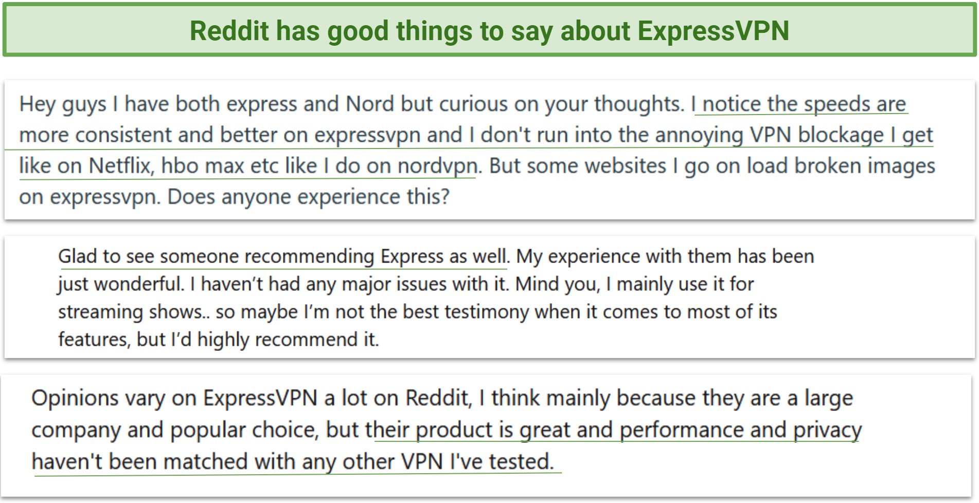 Screenshot of Reddit users reviewing ExpressVPN