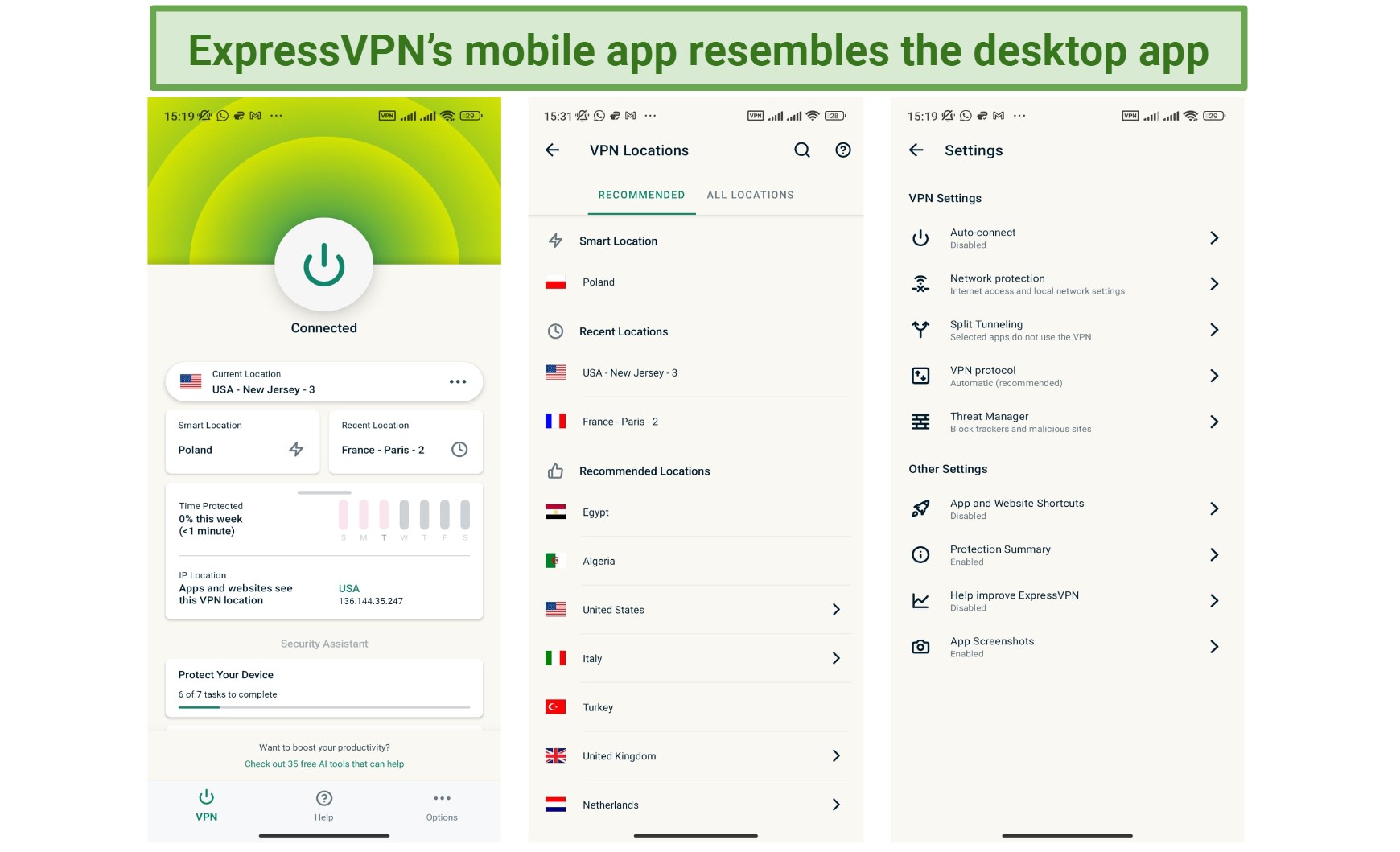 screenshot of 3 different screens on ExpressVPN's Android app