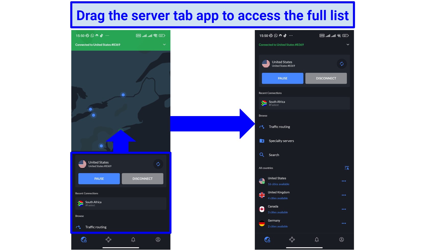 screenshots of the home page and server list on NordVPN's Android app
