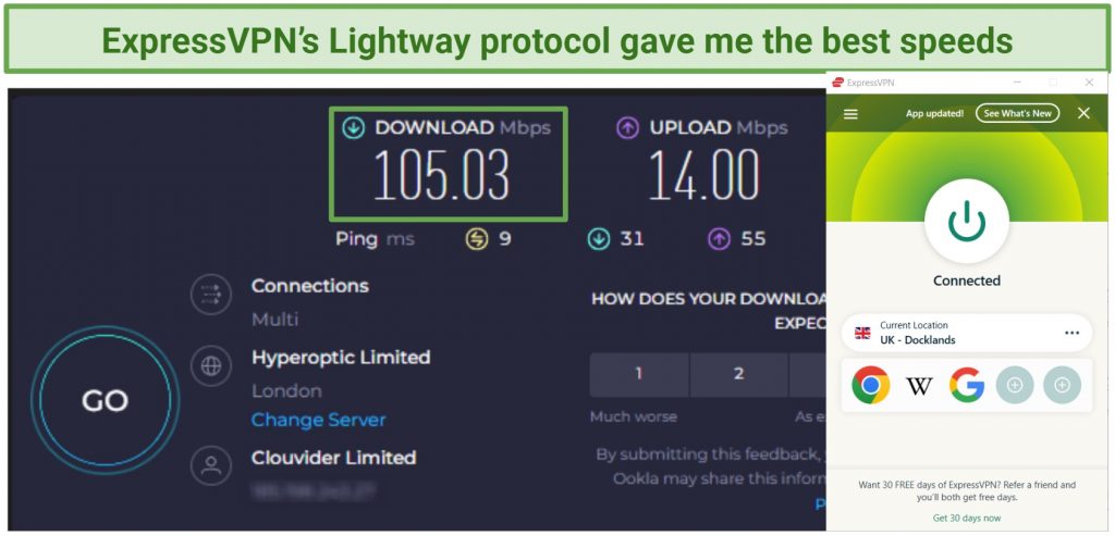 Screenshot of ExpressVPN speed test using Lightway Protocol