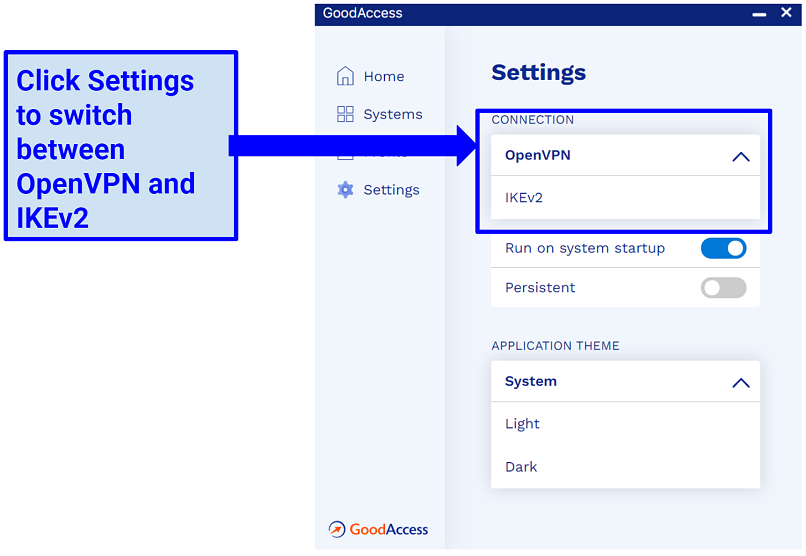 A snapshot showing how to switch GoodAccess protocols