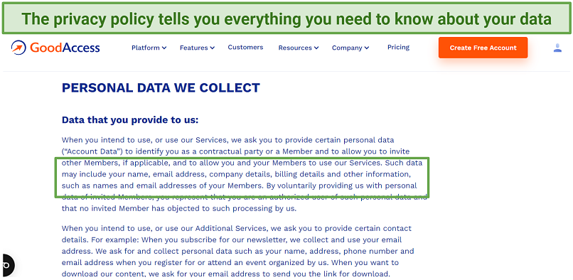 A screenshot of GoodAccess privacy policy showing the amount of data it collects