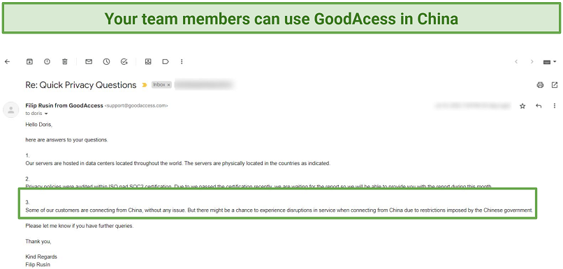 Screenshot of a conversation with GoodAccess support where they verified it works in China