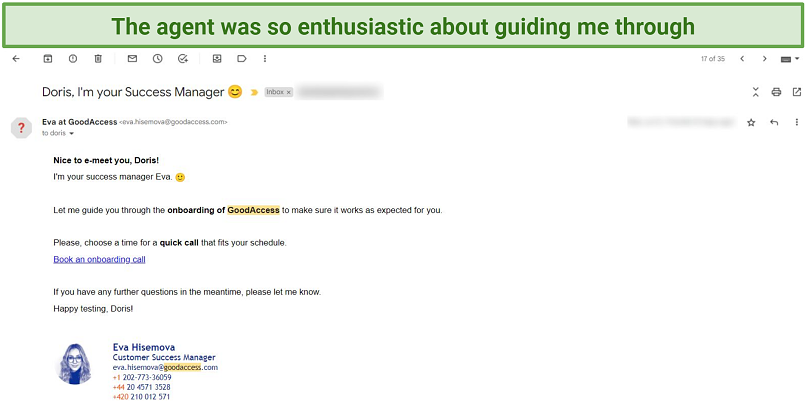 A snapshot showing a welcome email from a GoodAcess representative