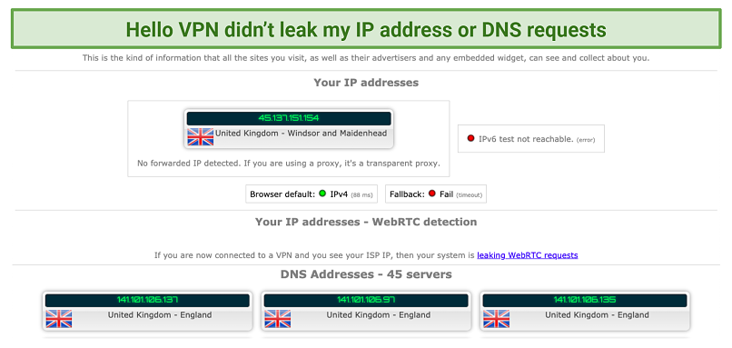 screenshot of Hello VPN's IP and DNS leak test