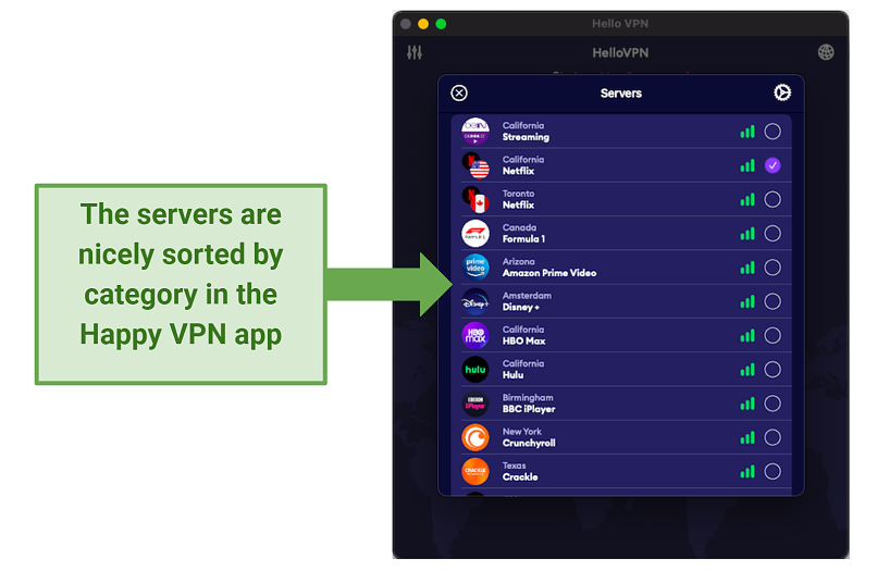 screenshot of Hello VPN's UI showing the servers