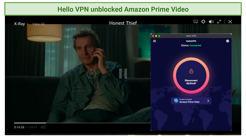 screenshot of Amazon Prime Video player streaming Honest Thief unblocked by Hello VPN