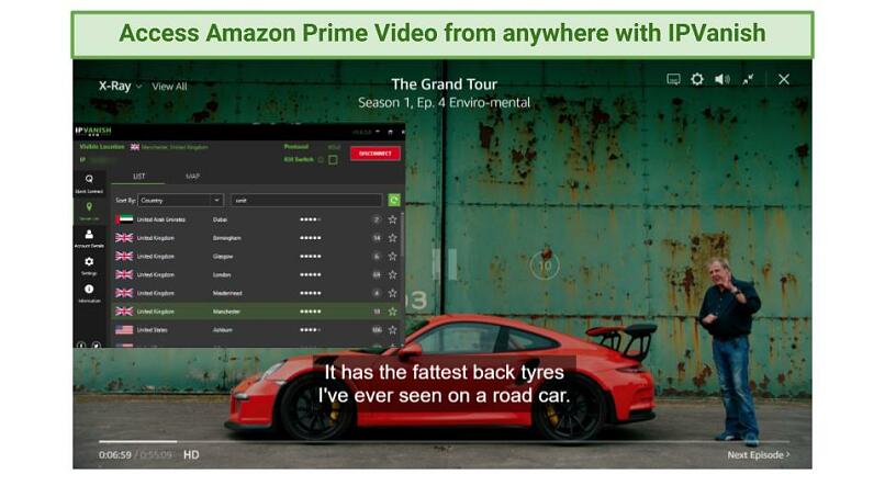 screenshot showing The Grand Tour playing on Amazon Prime Video while connected to IPVanish's UK servers
