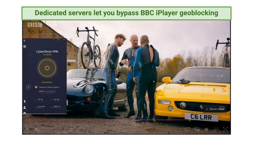 screenshot showing Top Gear playing on BBC iPlayer while connected to CyberGhost's UK servers