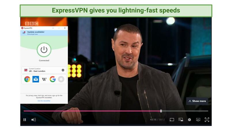 screenshot showing Top Gear playing on BBC iPlayer while connected to ExpressVPN's UK servers