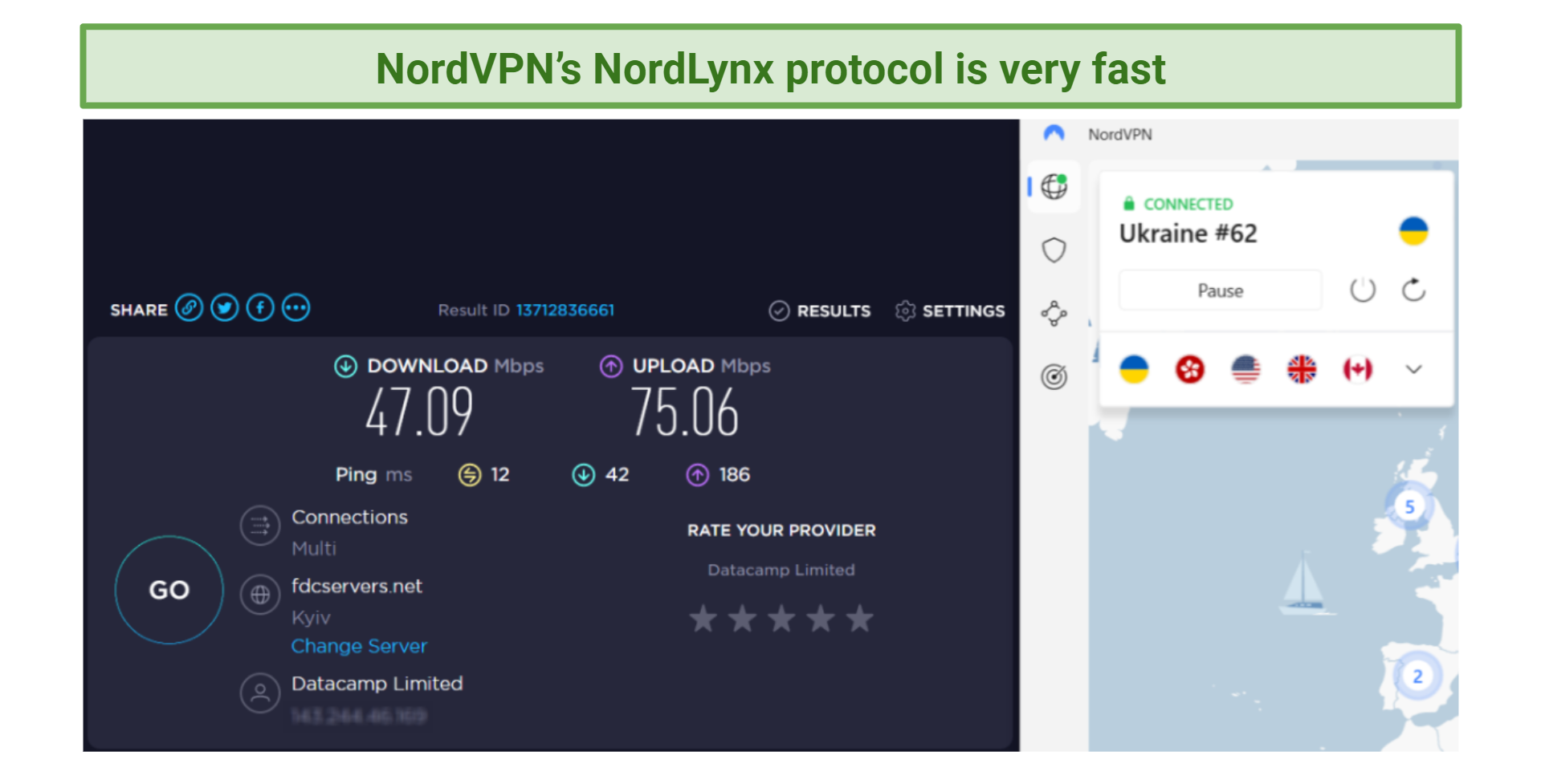 Screenshot of NordVPN speed test using NordLynx Protocol