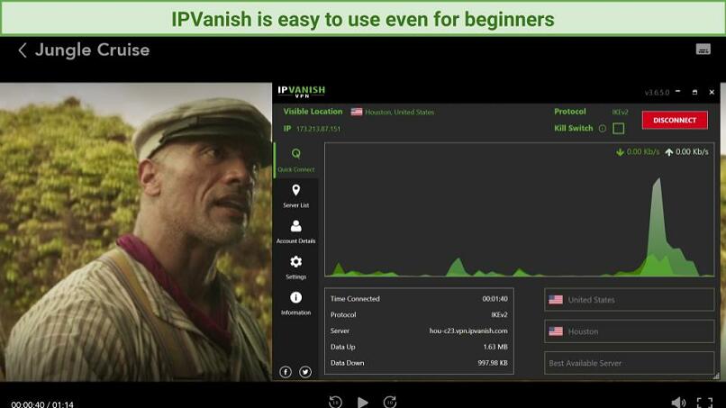 A screenshot using a US server with IPVanish to stream Jungle Cruise.